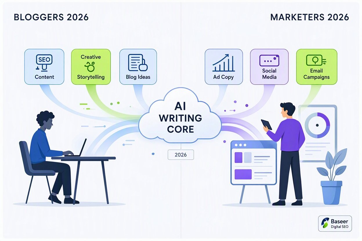 Baseer Digital SEO - Illustration comparing the best AI writing tools for bloggers and marketers to scale content in 2026.