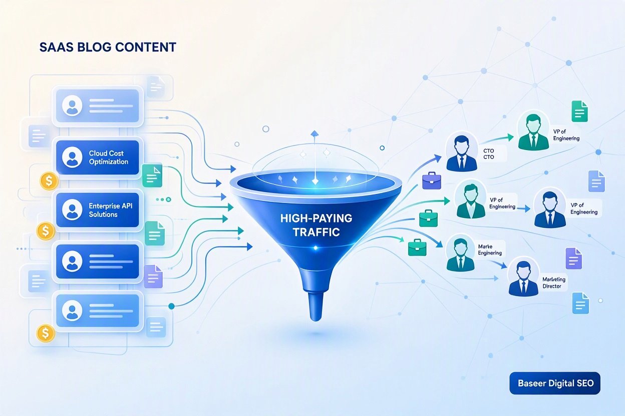 Baseer Digital SEO - Illustration showing how high-quality SaaS blog content attracts high-paying B2B traffic and valuable leads.