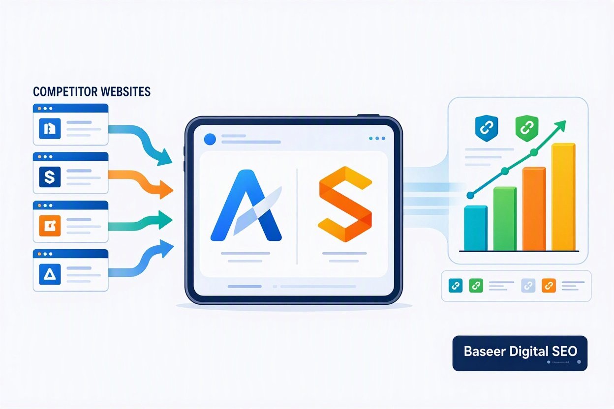 Baseer Digital SEO - Visual guide showing competitor backlink research process using Ahrefs and SEMrush to find high-DR link opportunities.