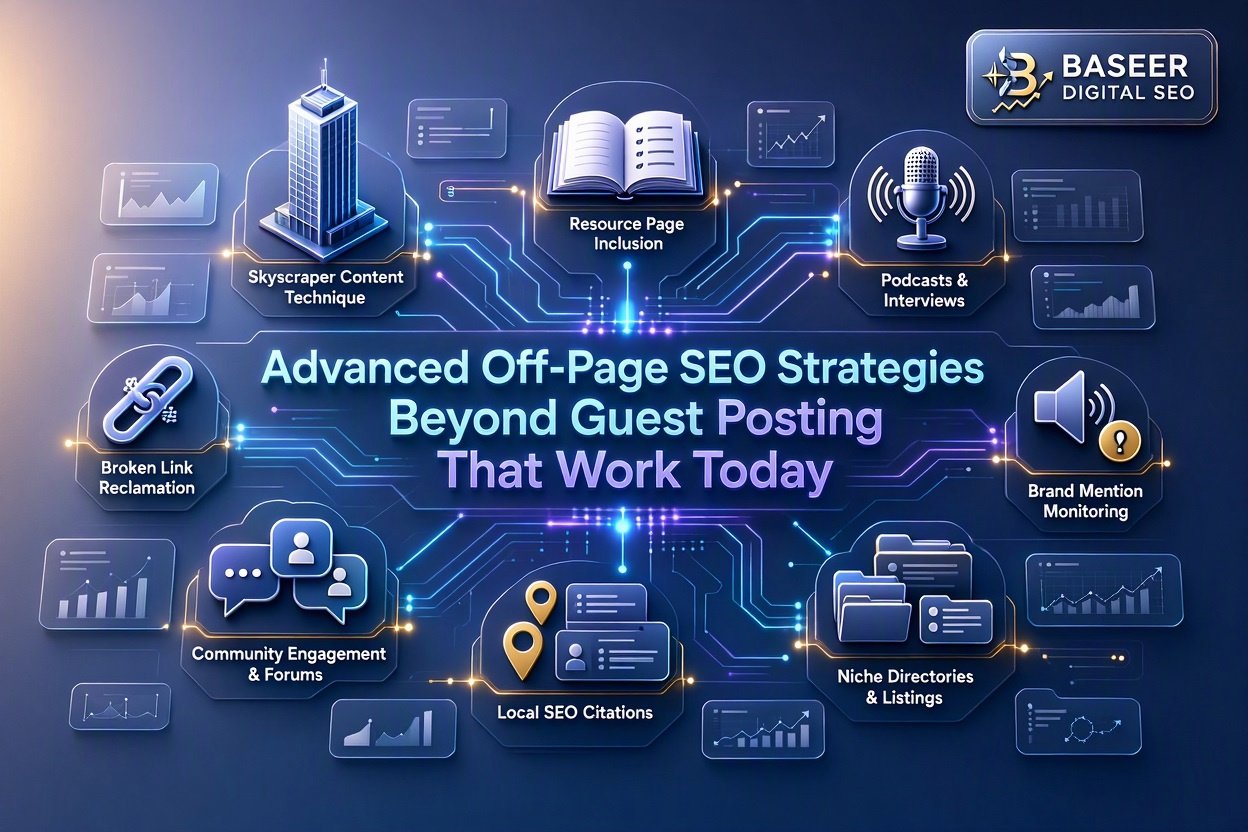 A high-definition isometric infographic illustrating advanced off-page SEO strategies beyond guest posting, including skyscraper technique, broken link building, local citations, and brand mentions, featuring the Baseer Digital SEO logo.
