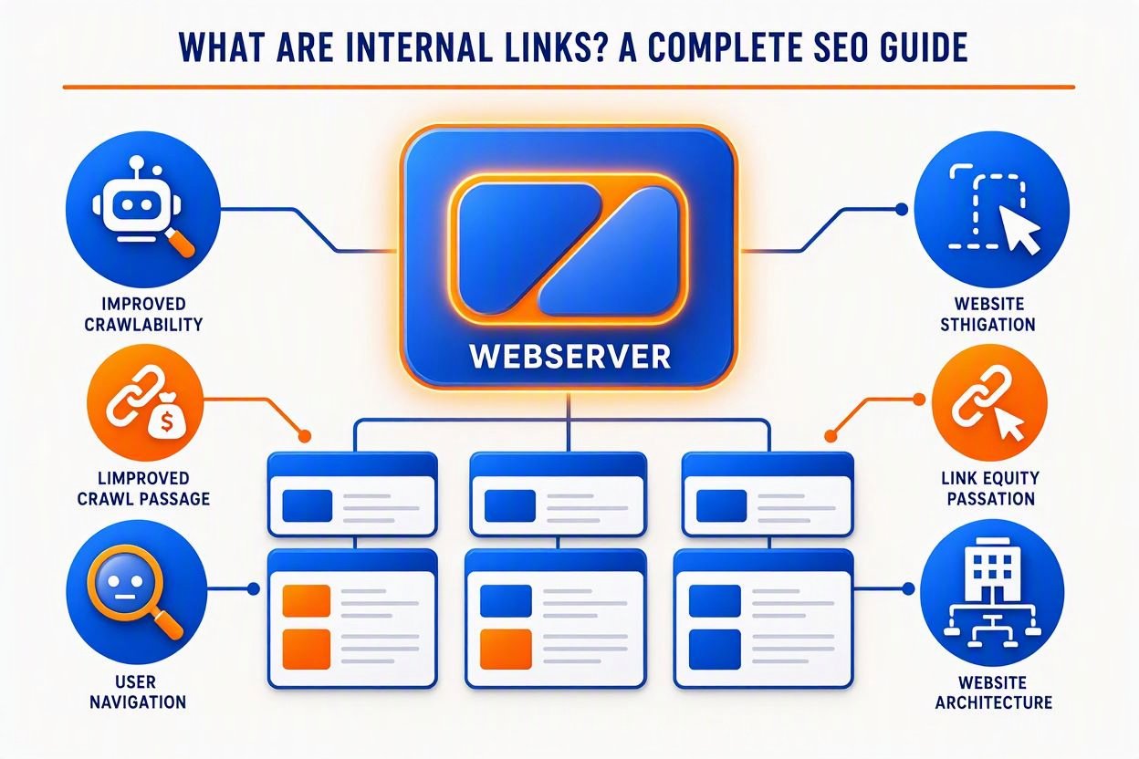 Infographic illustrating internal links, website architecture, and SEO link equity passage for a complete internal linking guide.