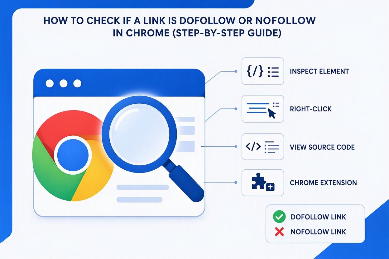 Infographic showing step-by-step methods to check if a link is dofollow or nofollow in Chrome using Inspect Element, extensions, and source code.