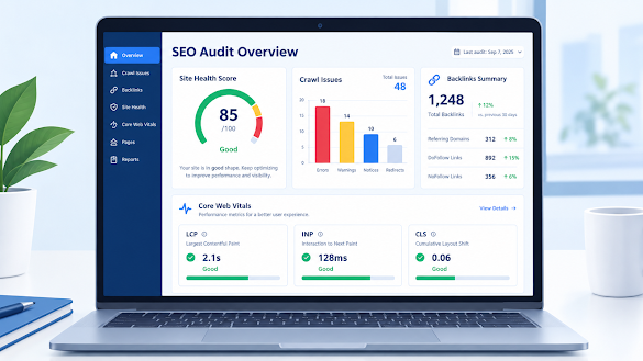 SEO audit tools dashboard showing website health, backlinks, and Core Web Vitals overview