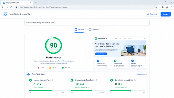 Google PageSpeed Insights report displaying Core Web Vitals scores for website speed audit
