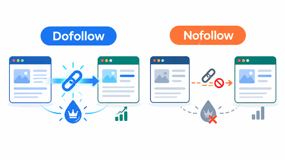 Dofollow vs nofollow links infographic showing link juice transfer