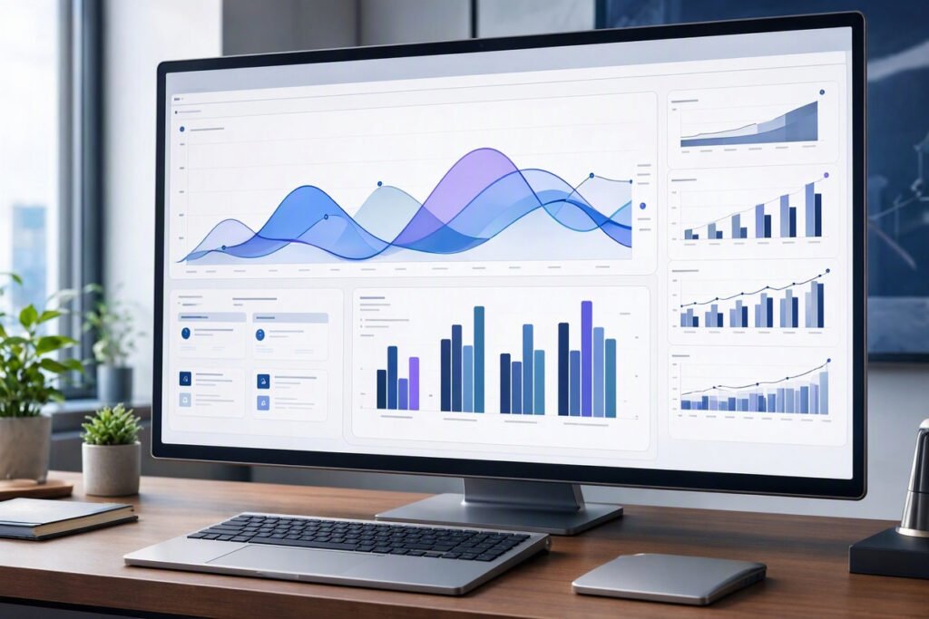 SEO analytics dashboard illustrating organic traffic and keyword cluster performance trends