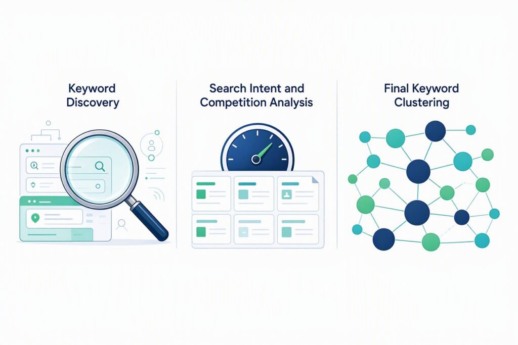 SEO keyword research workflow connecting search intent, competition analysis, and keyword grouping