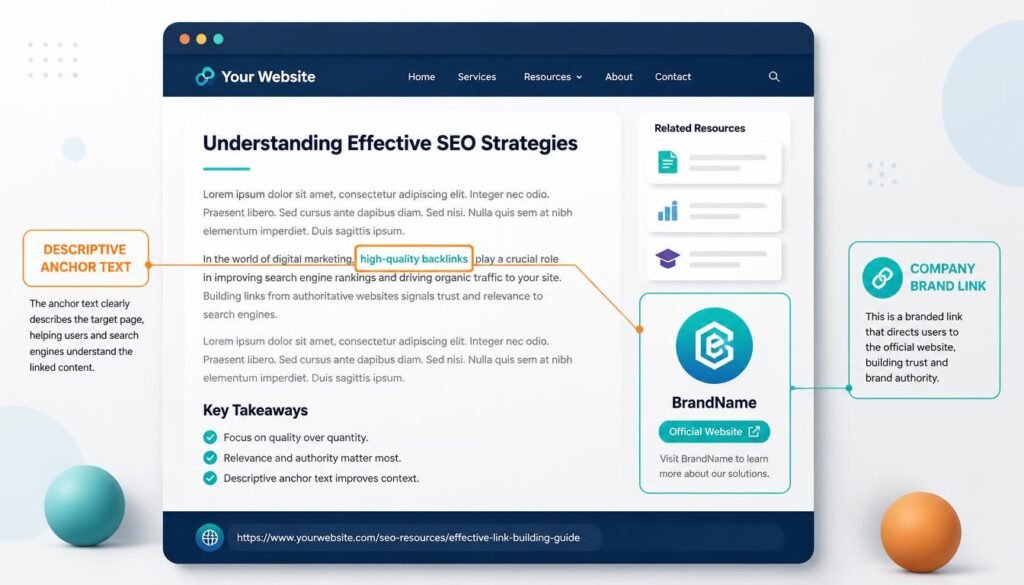 Diagram illustrating different website link placements and suitable anchor text styles