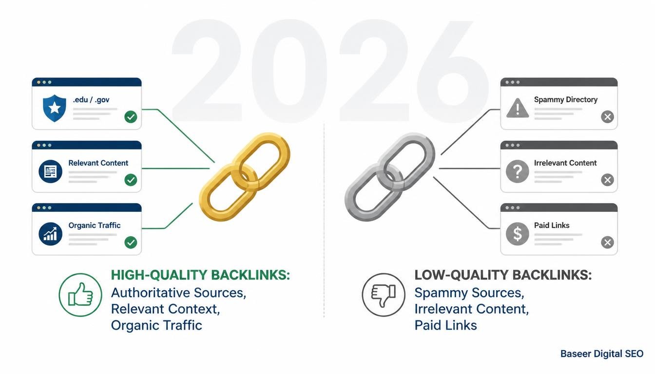 Infographic comparing high-quality and low-quality backlinks with Baseer Digital SEO branding