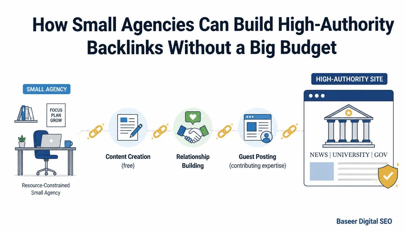 Infographic illustrating how small agencies can build high-authority backlinks on a budget, branded by Baseer Digital SEO