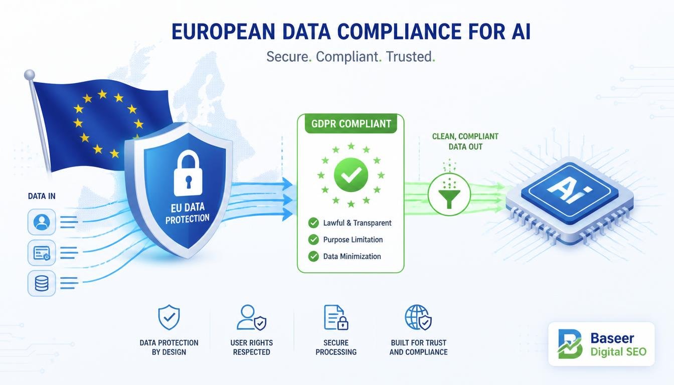 Baseer Digital SEO - European data compliance and GDPR regulations illustration for secure AI tools.
