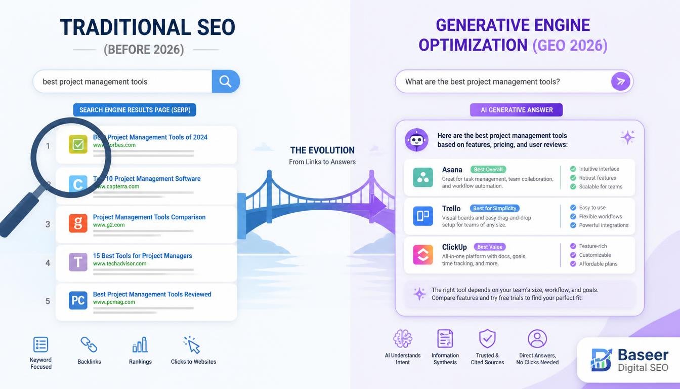 Baseer Digital SEO - Visualizing the evolution from traditional SEO to Generative Engine Optimization (GEO) in 2026.