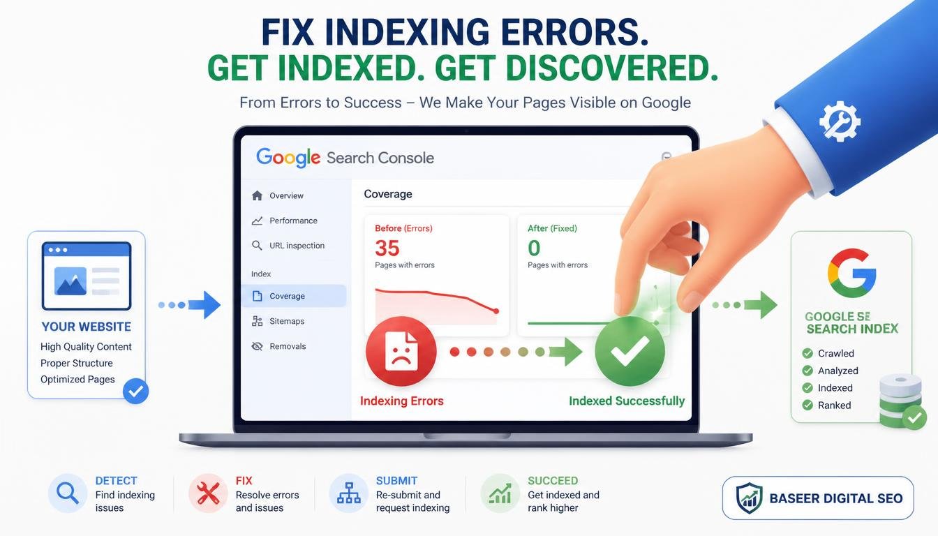 Baseer Digital SEO - Visual guide showing how to fix Google Search Console indexing errors and improve website visibility.