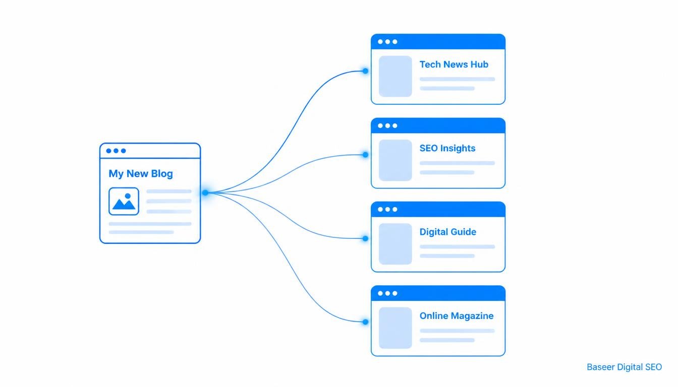 How to Get Free Dofollow Backlinks for a New Blog in 2026 illustrated with vector graphic and Baseer Digital SEO branding