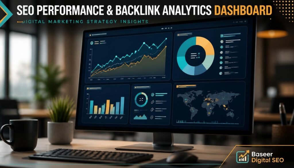 SEO analytics dashboard showing referring domains, backlink relevance, and organic traffic trends