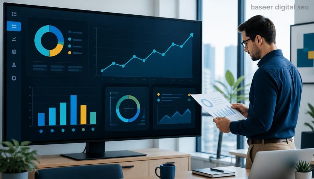 Marketer reviewing an analytics dashboard showing referral traffic and backlink growth from a blogger outreach campaign