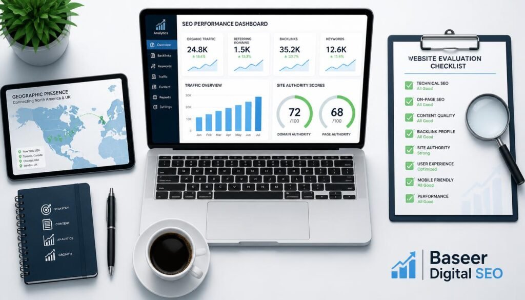Workspace illustration showing a marketer evaluating resource pages using authority metrics and a quality checklist