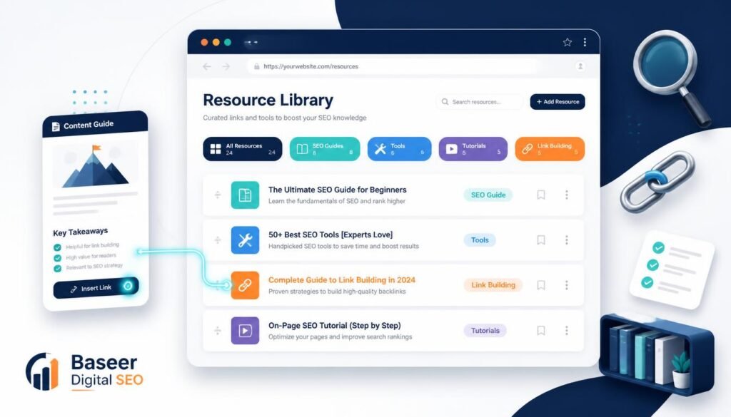 Illustration of a curated resource page with a new content card connecting into the list of recommended links