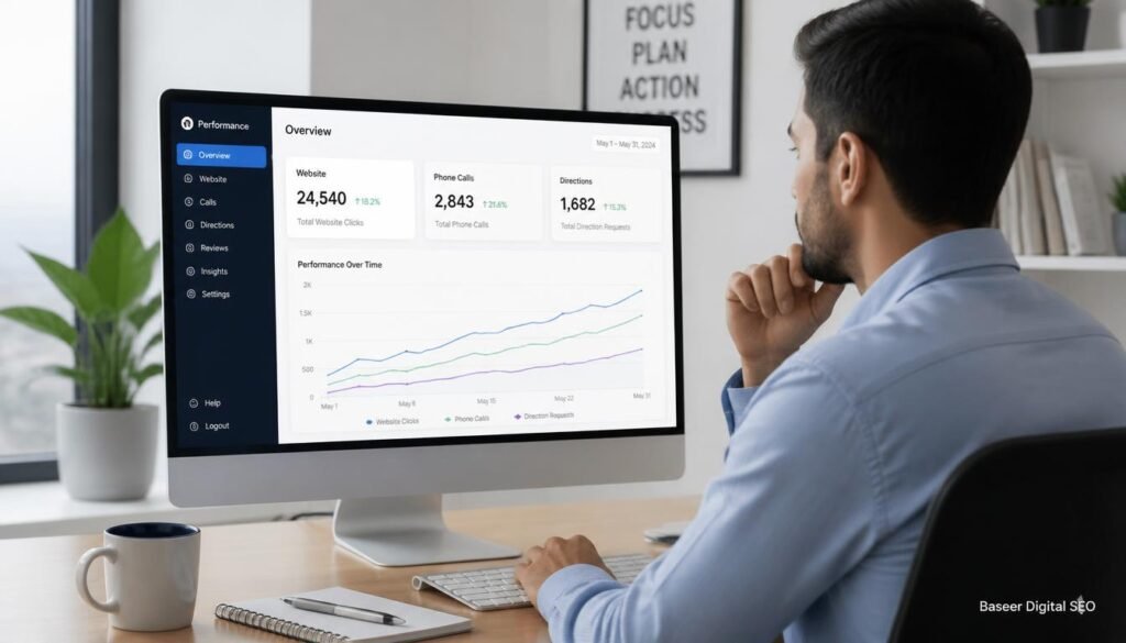 Small-business owner reviewing an upward trending performance analytics dashboard on a desktop monitor in a bright office.