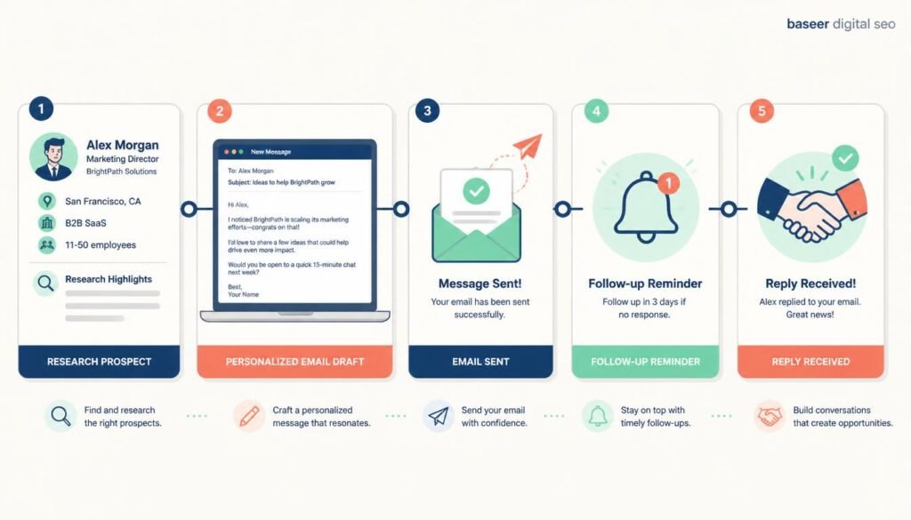 Illustrated blogger outreach email workflow from prospect research to personalized email, follow-up and reply