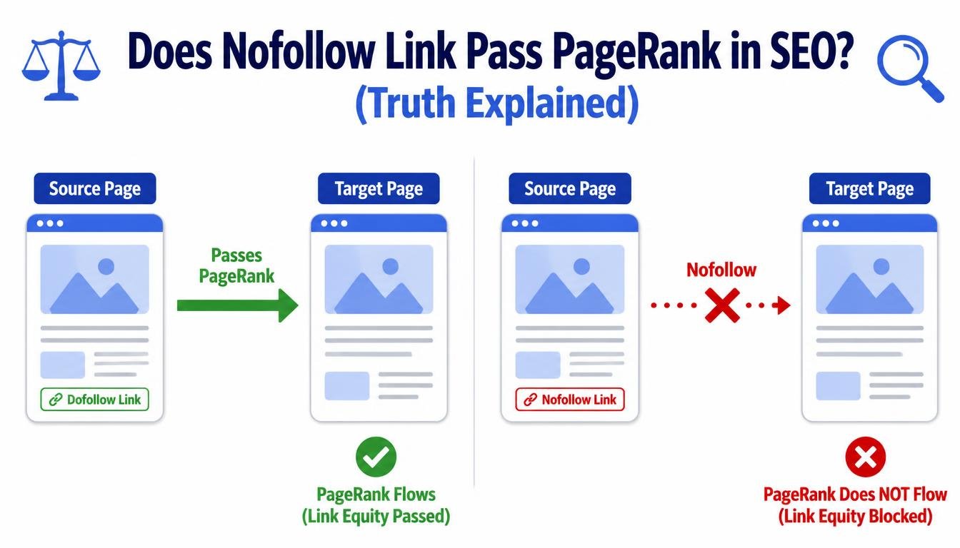 Does Nofollow Link Pass PageRank in SEO? Infographic explaining the truth about link equity flow.
