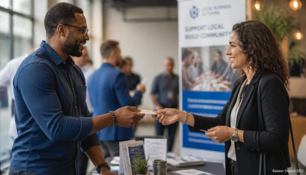 Two small-business owners exchanging business cards and networking at a local community business event.