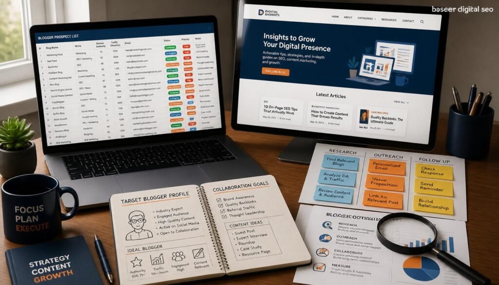 Marketer’s desk with a laptop prospect list, blog layout and notes used for blogger prospecting and research