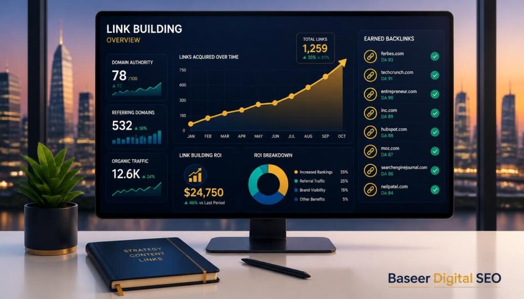 Analytics dashboard illustration tracking backlinks and traffic growth from resource page link building