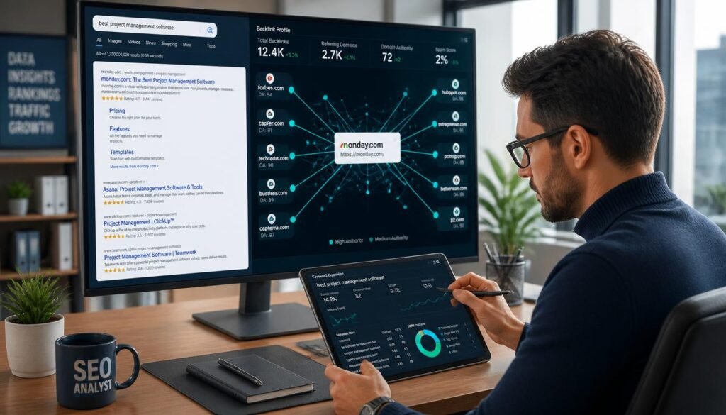SEO analyst reviewing a network of linked web pages that represents how anchor text influences Google rankings