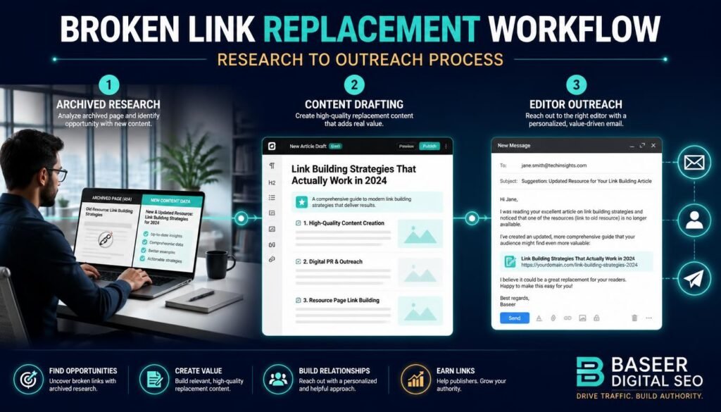 Workflow showing content research, a replacement page being created, and a personalized outreach email to an editor