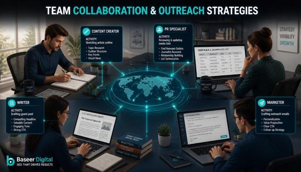 Marketing team combining content creation, digital PR, guest posting, and outreach in a modern office