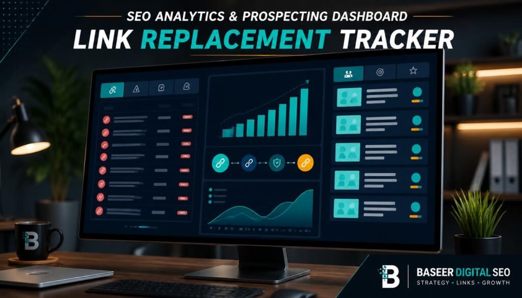 SEO dashboard showing broken URLs, referring domains, backlink indicators, and ranked website prospects