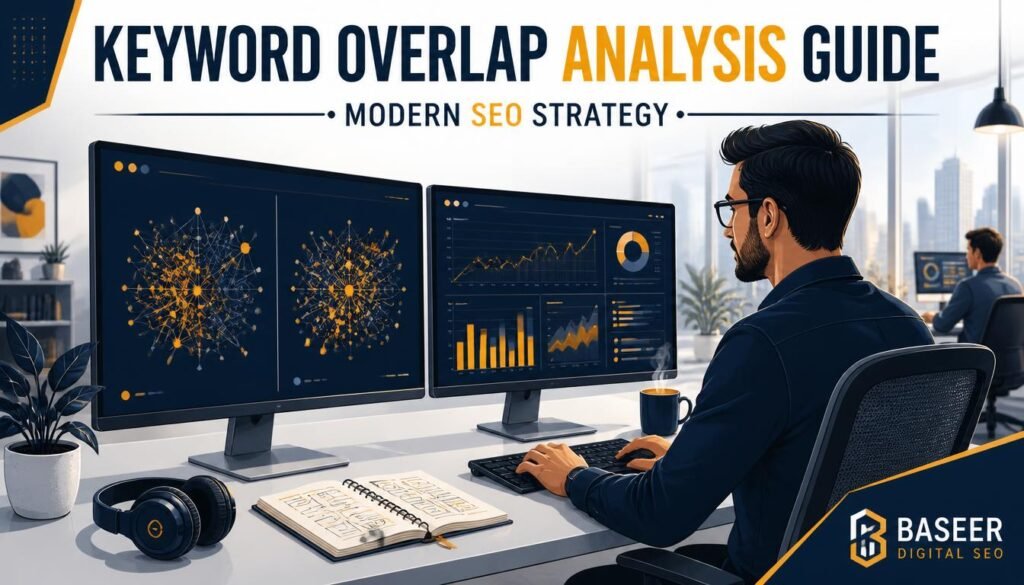 SEO analyst comparing competitor backlink profiles on dual monitors to find link opportunities