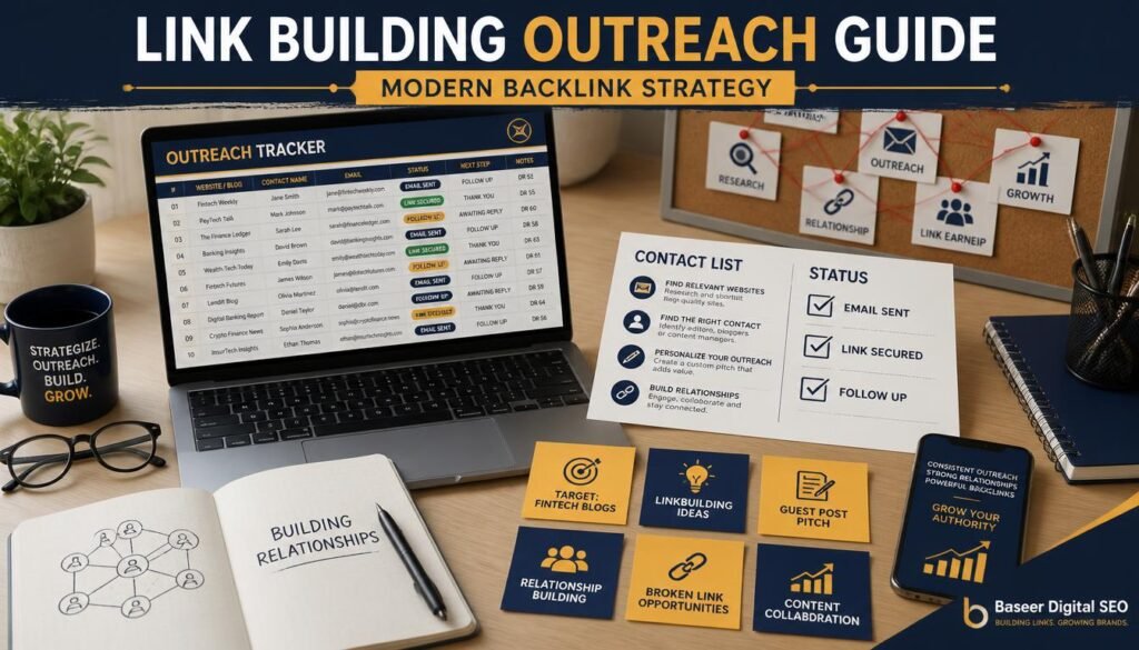 Marketer’s desk with a checklist and pinned cards representing beginner link building targets