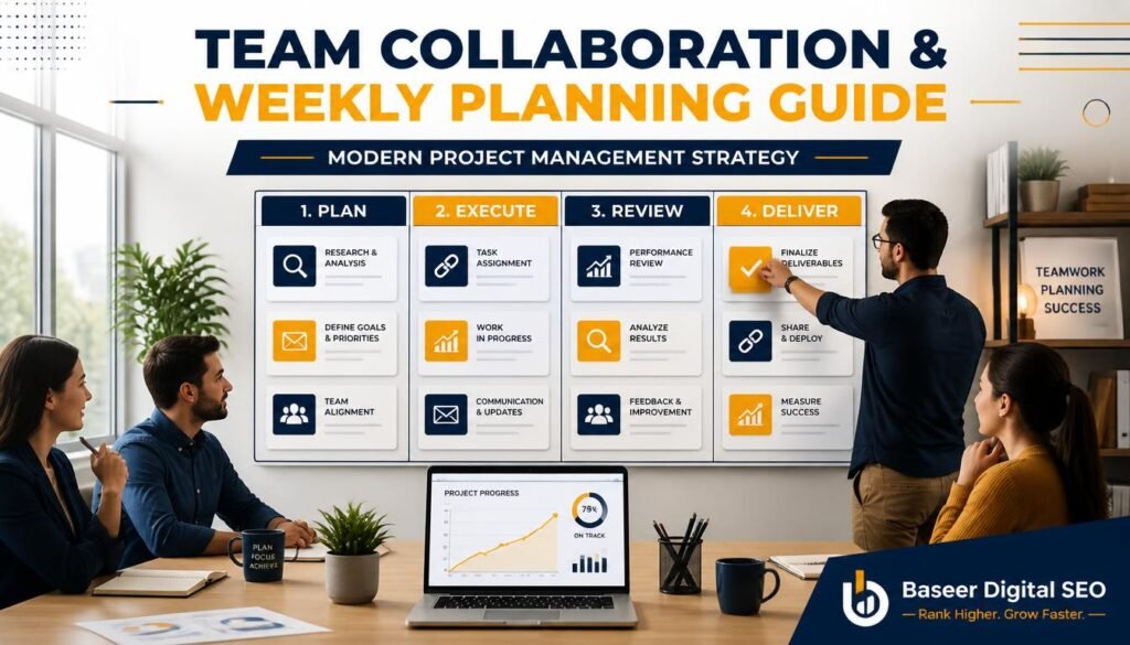 Four-column planning board showing a 30-day link building plan for a new website