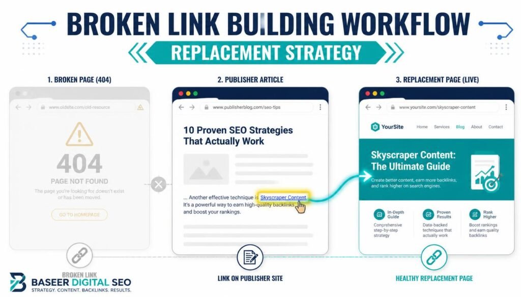 Illustration of a broken link redirected from an unavailable web page to a relevant replacement resource