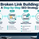 A visual step-by-step flowchart illustration explaining the broken link building SEO strategy by Baseer Digital SEO.