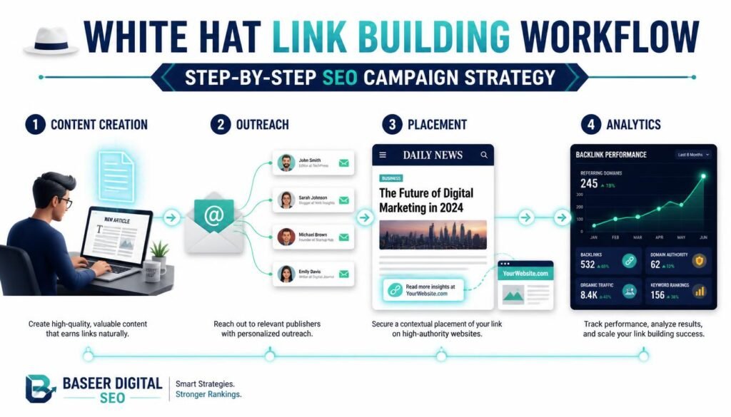 Four-stage link-building workflow from content creation to outreach, editorial placement, and performance analysis