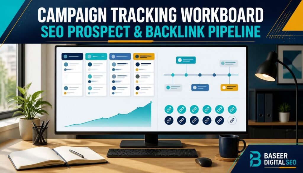 Campaign tracking board showing prospects, outreach responses, acquired backlinks, and performance charts