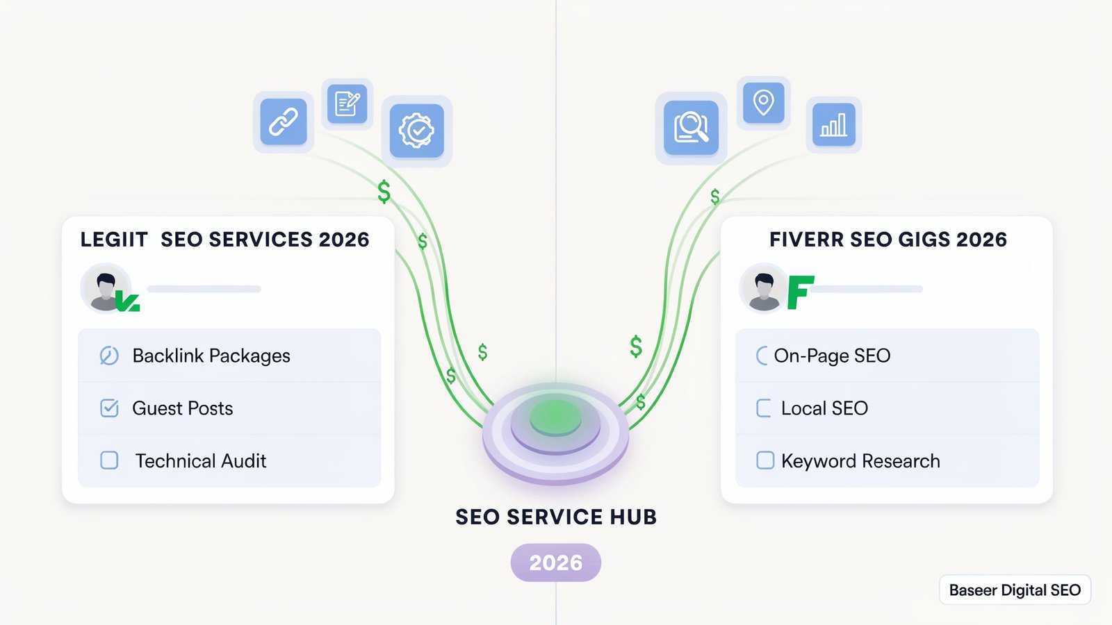 Baseer Digital SEO - Illustration showing how to set up and optimize profitable freelance SEO service profiles on Legiit and Fiverr.