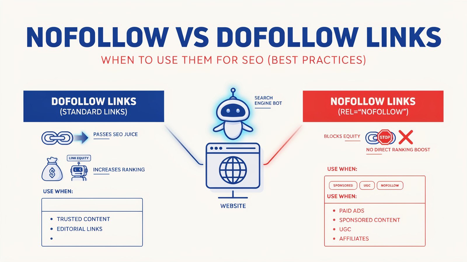 Infographic comparing dofollow and nofollow links, showing when to use them for SEO, link equity, and backlink best practices.