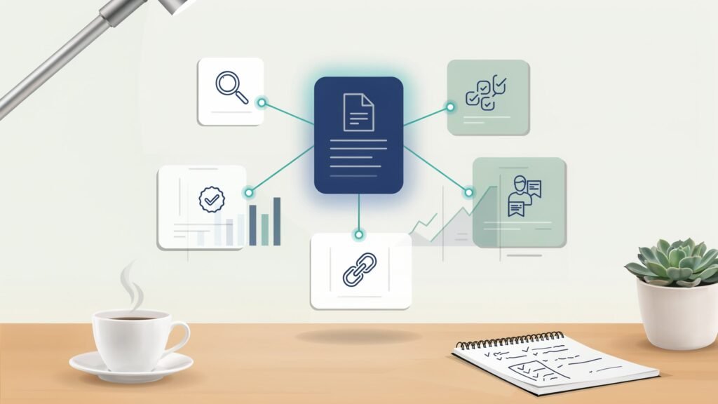 Topical content strategy connecting a central guide with supporting articles and credibility checks