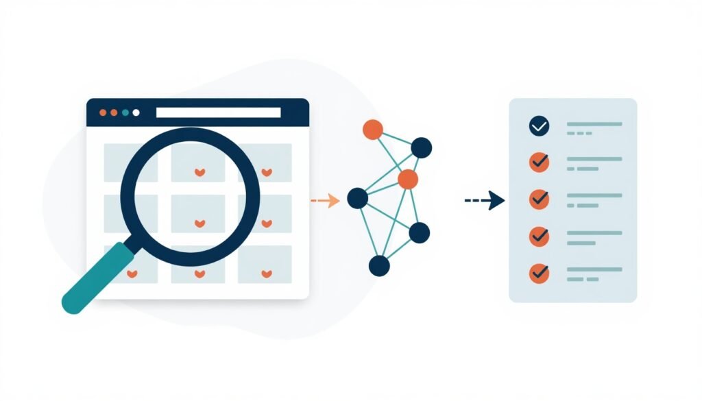 Illustration of researching guest posting opportunities with search, competitor backlink analysis, and website quality checks