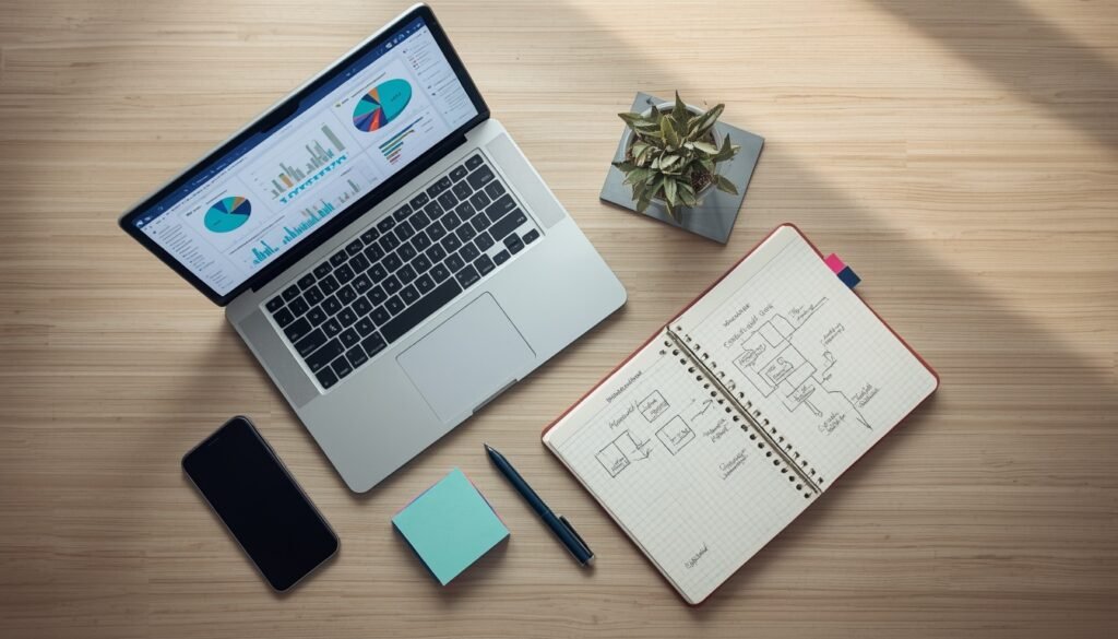 Laptop dashboard with charts used to review a backlink anchor text profile and anchor text diversity