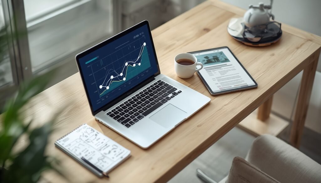 Professional SEO workspace with a laptop showing organic growth analytics and notes for planning guest posts