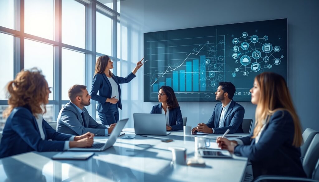 Marketing team reviewing an upward-trending dashboard after improving anchor text and internal linking strategy