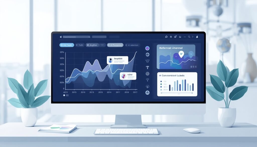 Website analytics dashboard tracking organic traffic, AI referrals, and conversions