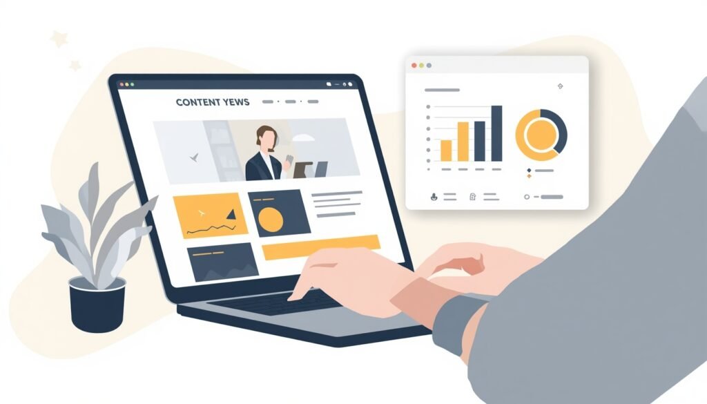 Laptop displaying a blog layout with advertising spaces and an analytics dashboard