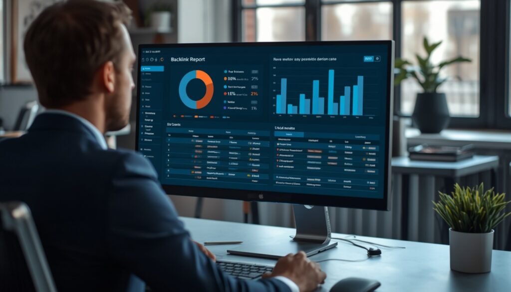 SEO analyst reviewing a backlink report and anchor text patterns on a computer dashboard